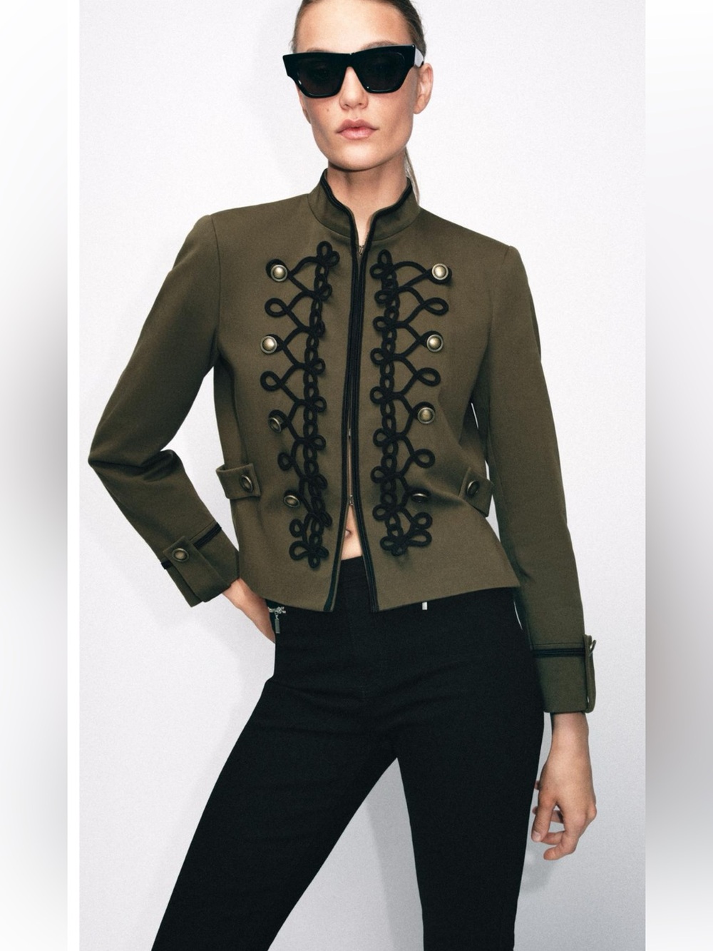 NWT Zara Military Jacket Blazer with Frog Trim & Brass Buttons Olive Green Sz S